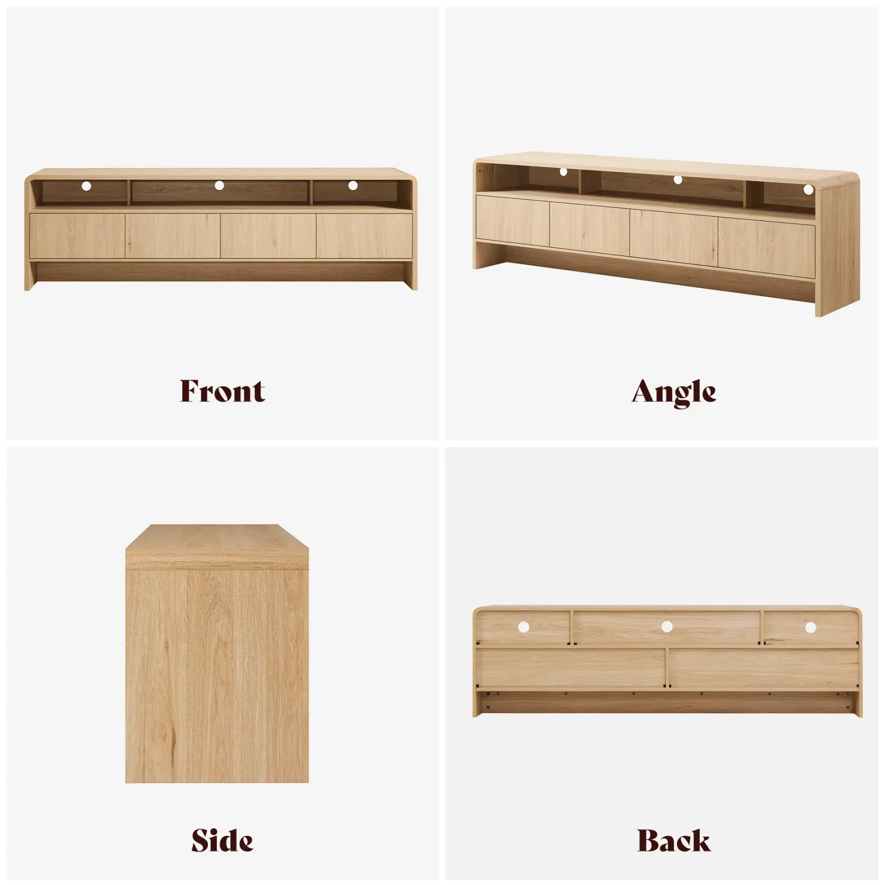 El mueble para TV moderno AMERLIFE de 70 pulgadas (compatible con televisores de hasta 80 pulgadas), fabricado en madera, presenta un diseño curvo e incluye dos armarios de almacenamiento, ideal como centro de entretenimiento multimedia para la sala de es