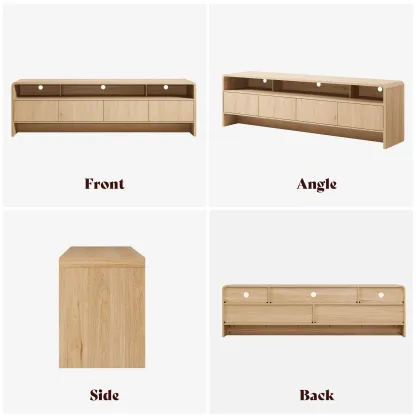 El mueble para TV moderno AMERLIFE de 70 pulgadas (compatible con televisores de hasta 80 pulgadas), fabricado en madera, presenta un diseño curvo e incluye dos armarios de almacenamiento, ideal como centro de entretenimiento multimedia para la sala de es