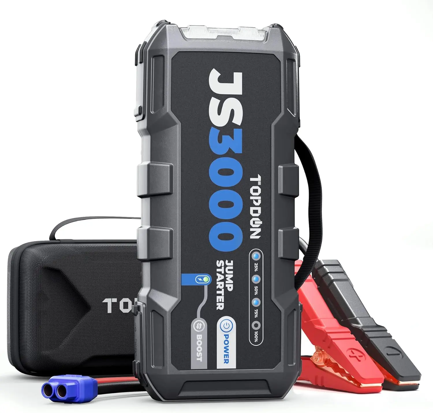 TOPDON JS3000 — Arrancador de baterías portátil de 12V y 3000A (Jump Starter) para automóviles, apto para motores de gasolina de hasta 9L y diésel de hasta 7L; kit de herramientas automotrices con batería de 24000 mAh.