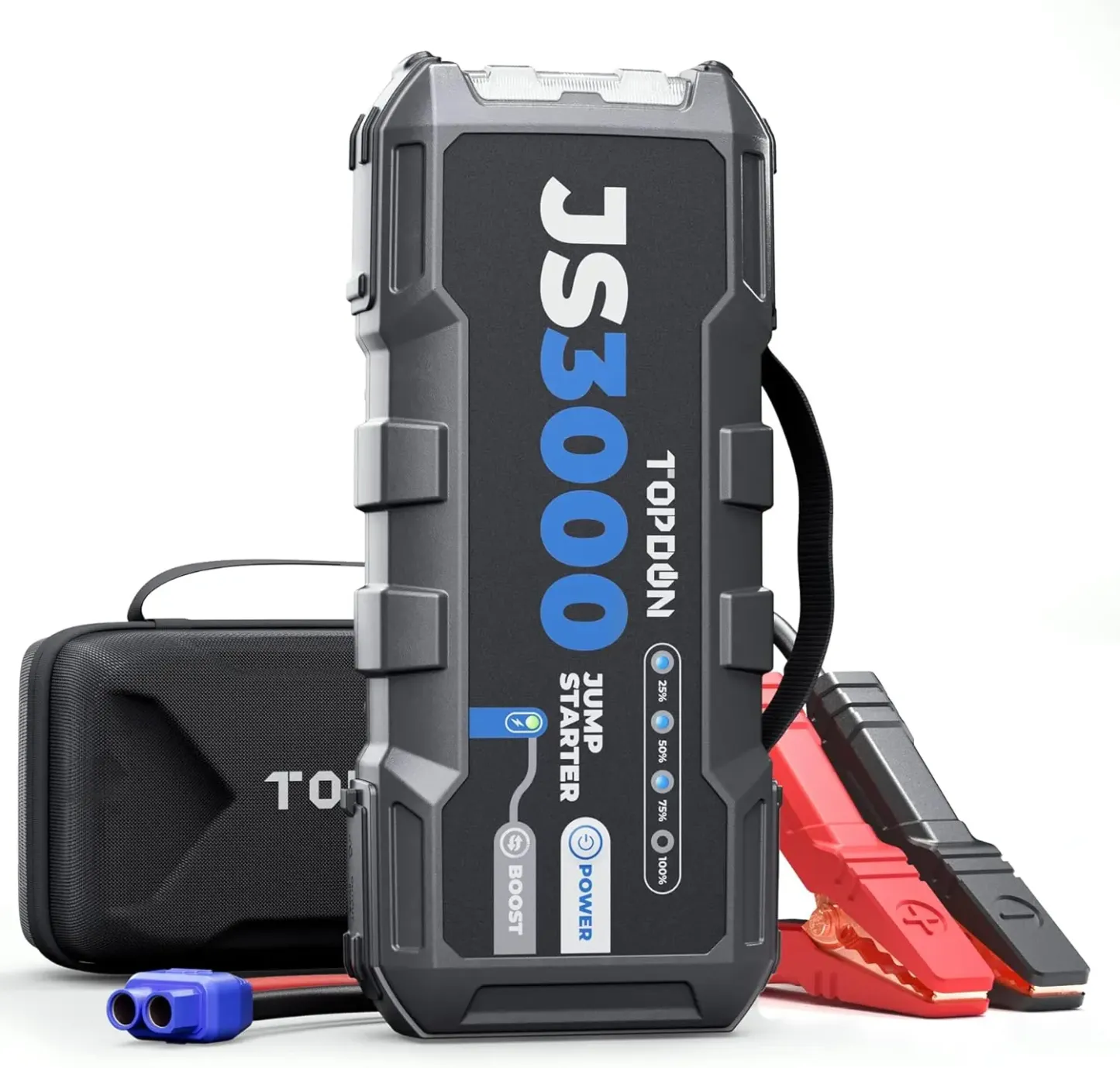 TOPDON JS3000 — Arrancador de baterías portátil de 12V y 3000A (Jump Starter) para automóviles, apto para motores de gasolina de hasta 9L y diésel de hasta 7L; kit de herramientas automotrices con batería de 24000 mAh.