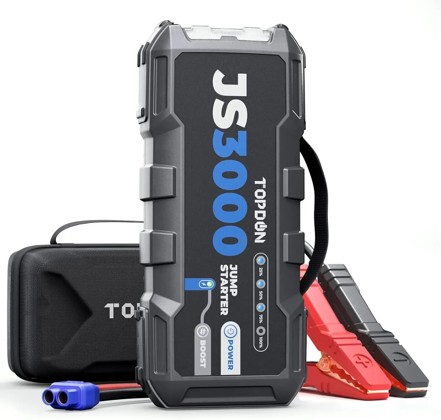 TOPDON JS3000 — Arrancador de baterías portátil de 12V y 3000A (Jump Starter) para automóviles, apto para motores de gasolina de hasta 9L y diésel de hasta 7L; kit de herramientas automotrices con batería de 24000 mAh.