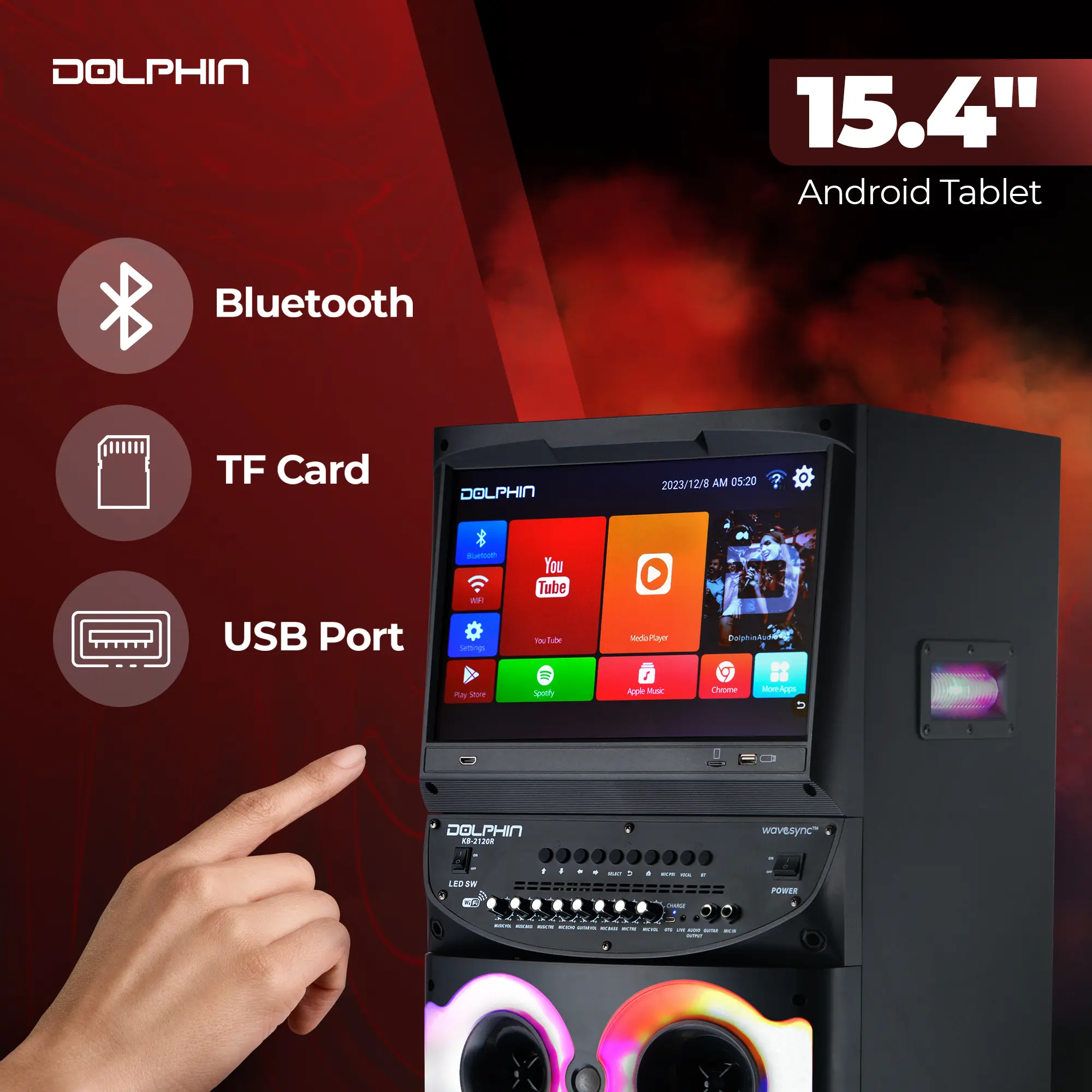 Altavoz para fiestas Karaokebox 2120 con doble woofer de 12", tableta Android de 15,4", aplicaciones vía WiFi y 2 micrófonos inalámbricos; altavoz inteligente portátil con asa.