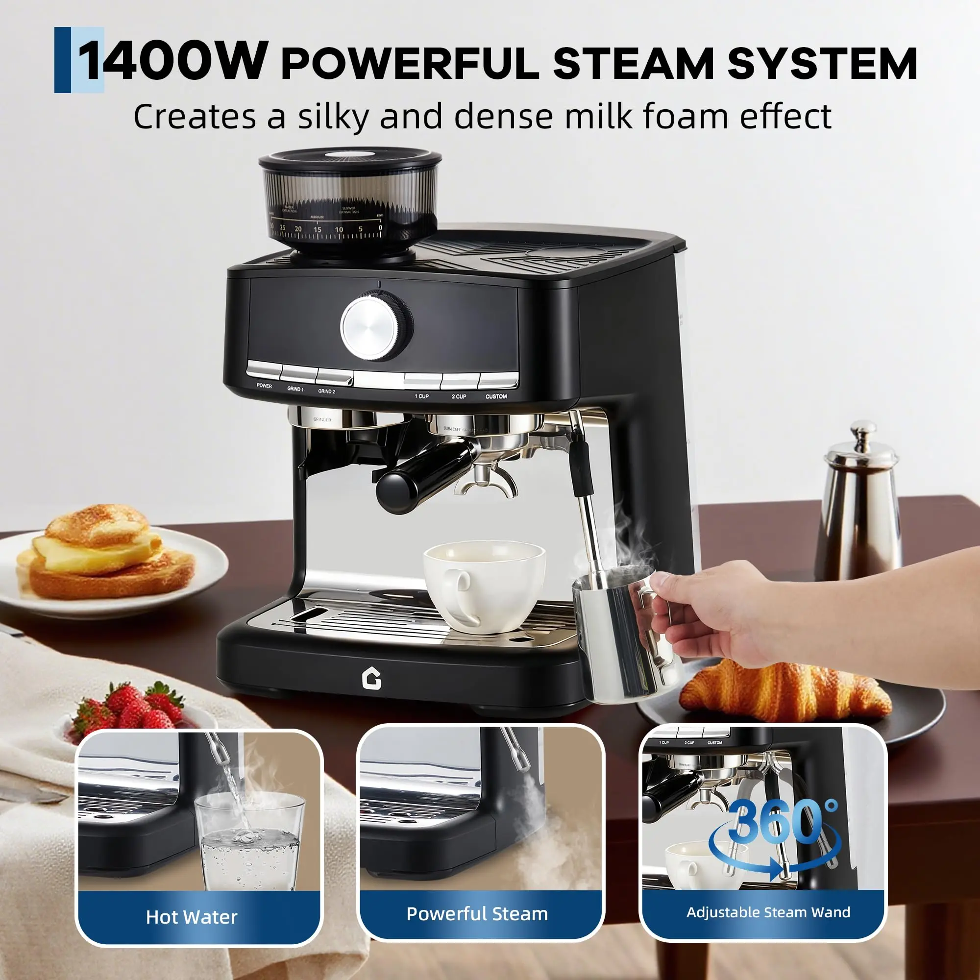 Cafetera espresso GARVEE de 20 bares de presión con molinillo, depósito de agua extraíble de 1,5 litros, espumador de leche y varilla de vapor para latte/capuchino (NEGRA, 20 bares, con molinillo)