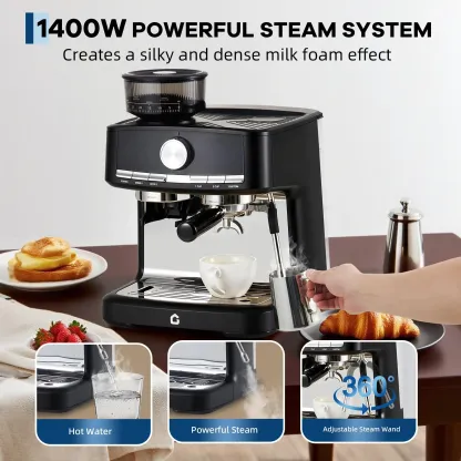 Cafetera espresso GARVEE de 20 bares de presión con molinillo, depósito de agua extraíble de 1,5 litros, espumador de leche y varilla de vapor para latte/capuchino (NEGRA, 20 bares, con molinillo)