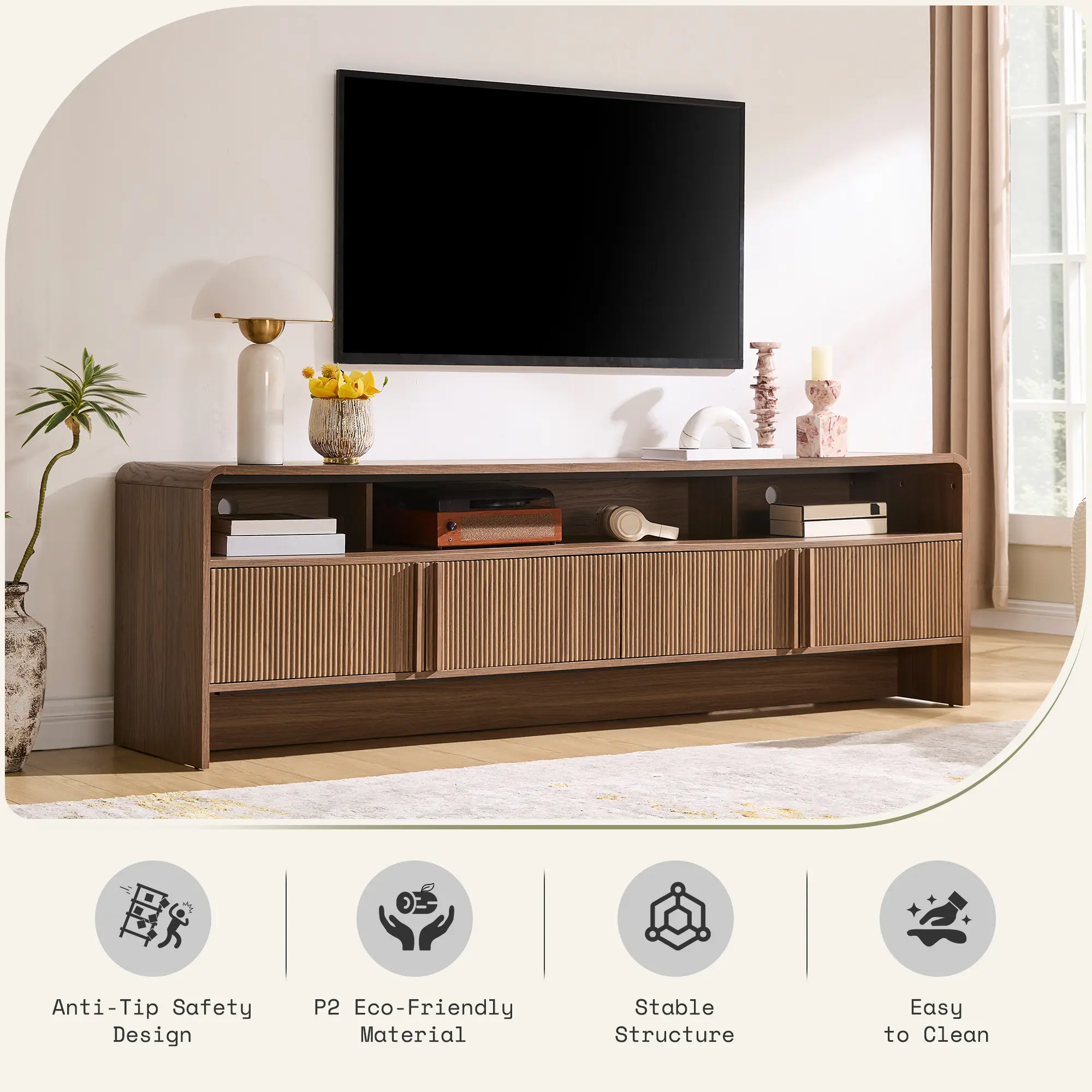 El mueble para TV moderno AMERLIFE de 70 pulgadas (compatible con televisores de hasta 80 pulgadas), fabricado en madera, presenta un diseño curvo e incluye dos armarios de almacenamiento, ideal como centro de entretenimiento multimedia para la sala de es