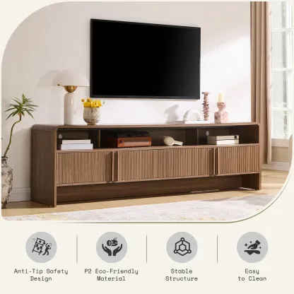 El mueble para TV moderno AMERLIFE de 70 pulgadas (compatible con televisores de hasta 80 pulgadas), fabricado en madera, presenta un diseño curvo e incluye dos armarios de almacenamiento, ideal como centro de entretenimiento multimedia para la sala de es