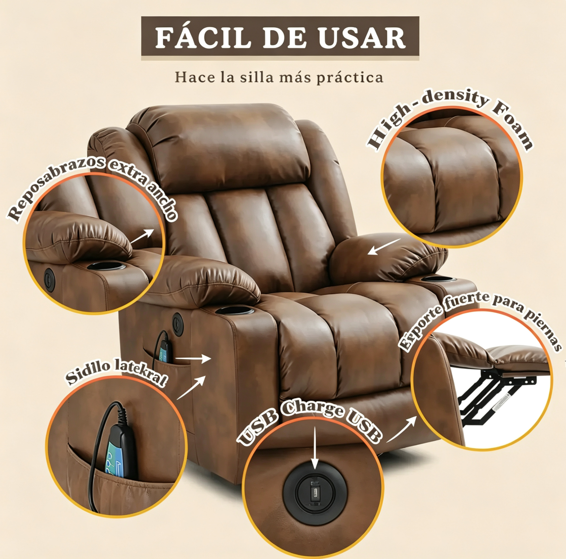✨Sillón reclinable elevador de lujo con función de calor y masaje