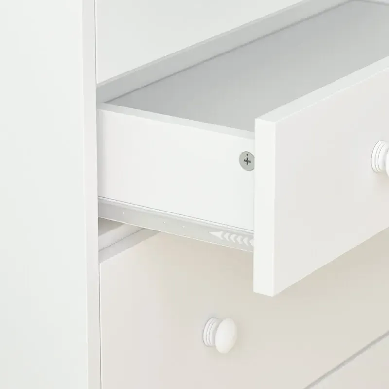 Cómoda cambiador Deborah en blanco antiguo con estantes a la vista, 5 cajones a la vista y espacio para cambiador, fabricada en madera de ingeniería de alta calidad.