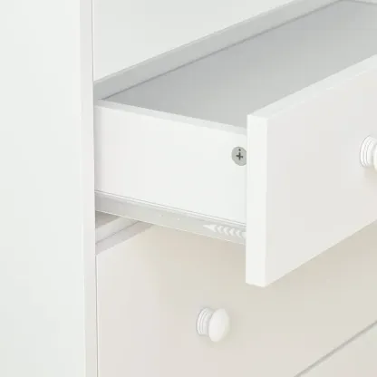 Cómoda cambiador Deborah en blanco antiguo con estantes a la vista, 5 cajones a la vista y espacio para cambiador, fabricada en madera de ingeniería de alta calidad.