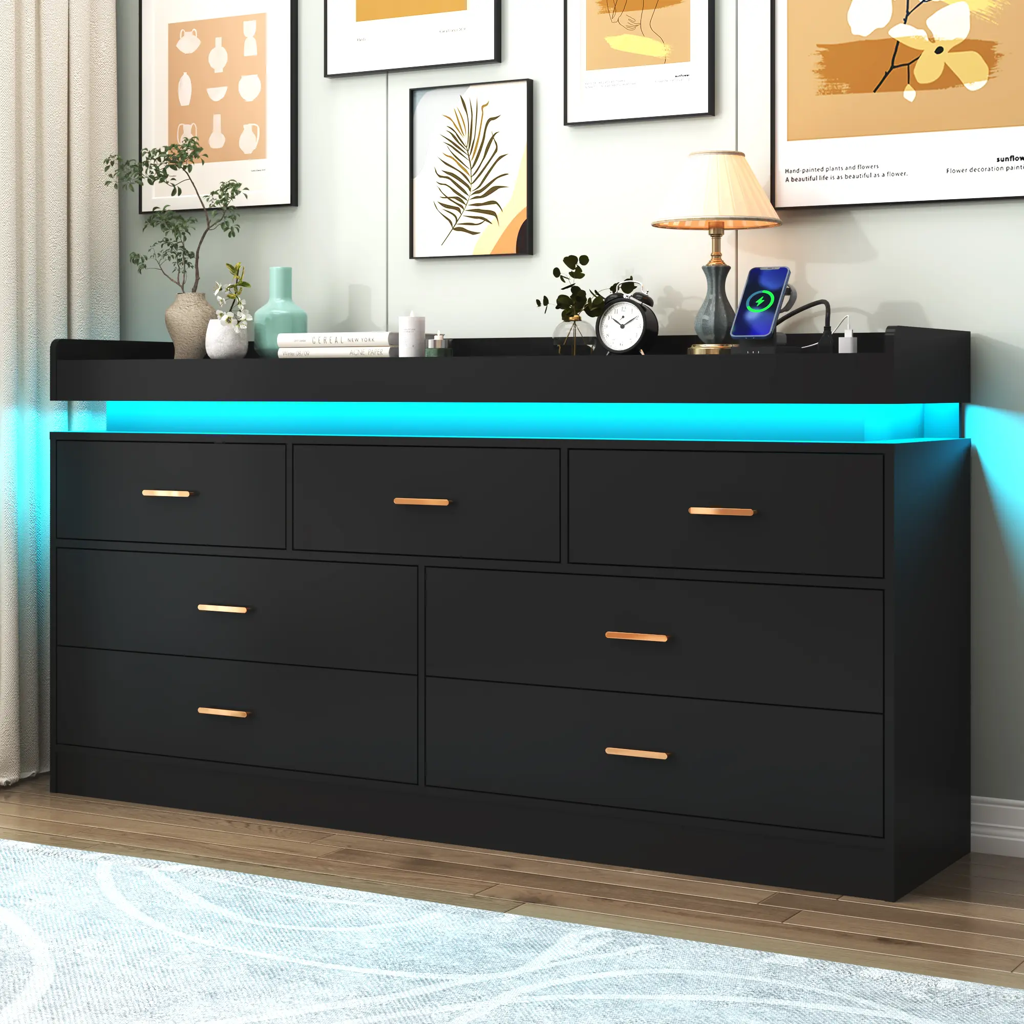 Cómoda con luz LED y estación de carga, cómoda moderna para armario, amplio mueble organizador de cajones para dormitorio, sala de estar, recibidor y pasillo.