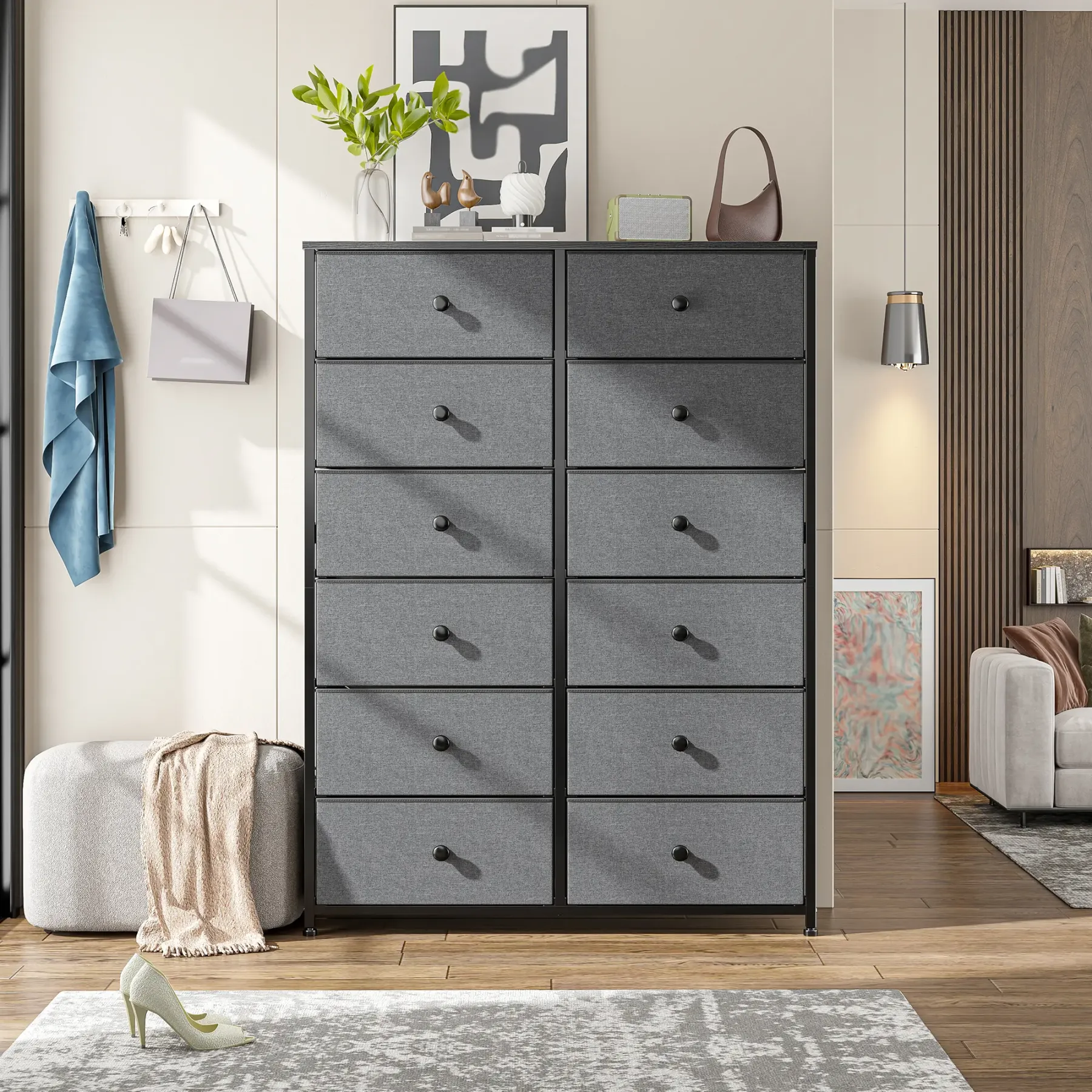 【Trucos económicos para el hogar】Cómoda alta Raybee de 16 cajones profundos para dormitorio, cómoda de tela extragrande con estructura de acero, unidad organizadora de torre de almacenamiento de ropa ancha para armario, dormitorio, sala de estar, muebles