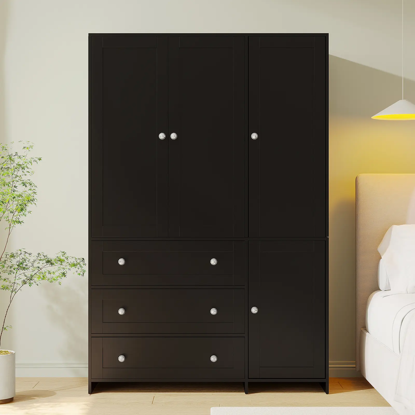 Armario de madera VOWNER, mueble de almacenamiento con 3 puertas y barra para colgar ropa, ideal para dormitorios. Armario alto independiente de gran capacidad con estantes.