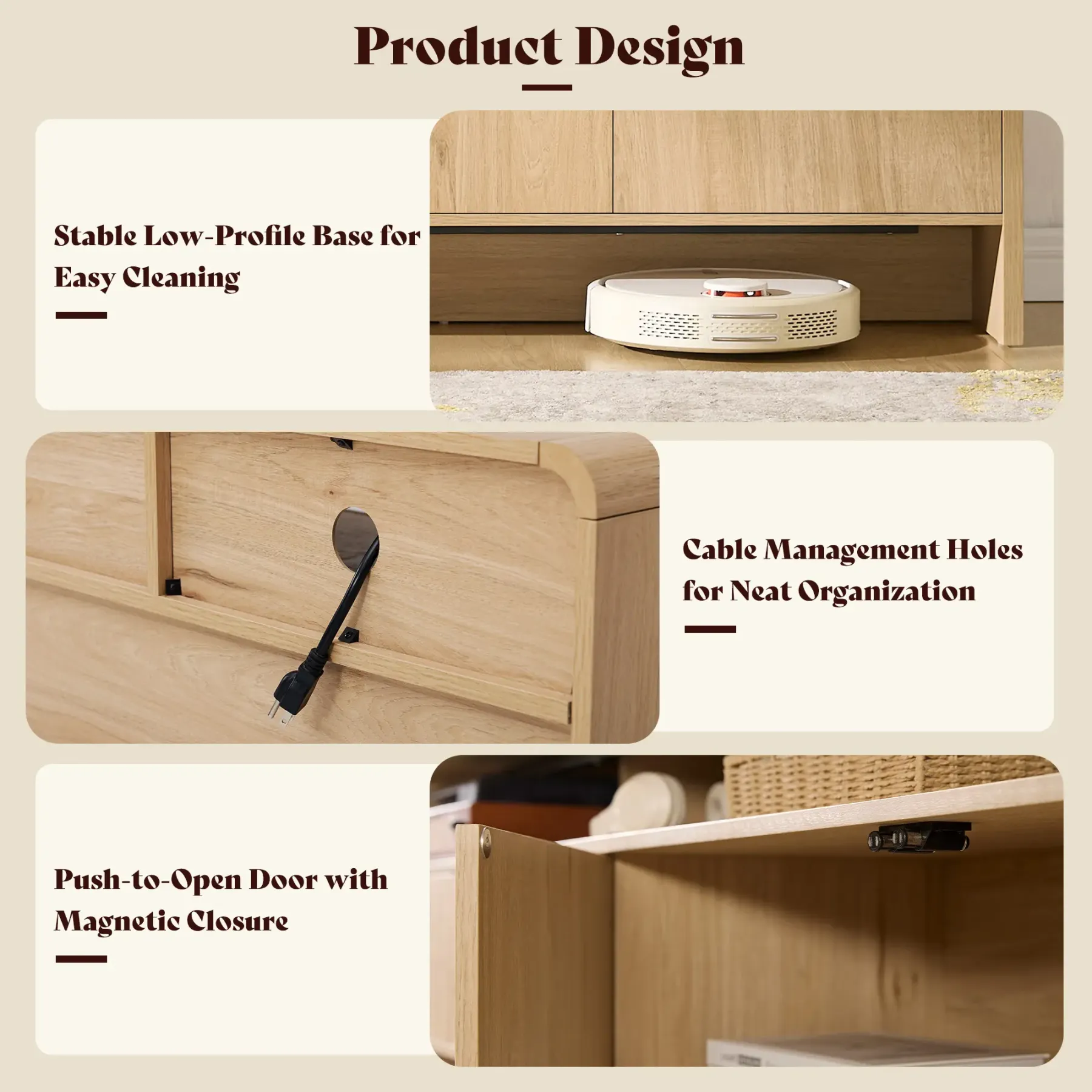 El mueble para TV moderno AMERLIFE de 70 pulgadas (compatible con televisores de hasta 80 pulgadas), fabricado en madera, presenta un diseño curvo e incluye dos armarios de almacenamiento, ideal como centro de entretenimiento multimedia para la sala de es
