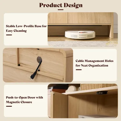 El mueble para TV moderno AMERLIFE de 70 pulgadas (compatible con televisores de hasta 80 pulgadas), fabricado en madera, presenta un diseño curvo e incluye dos armarios de almacenamiento, ideal como centro de entretenimiento multimedia para la sala de es