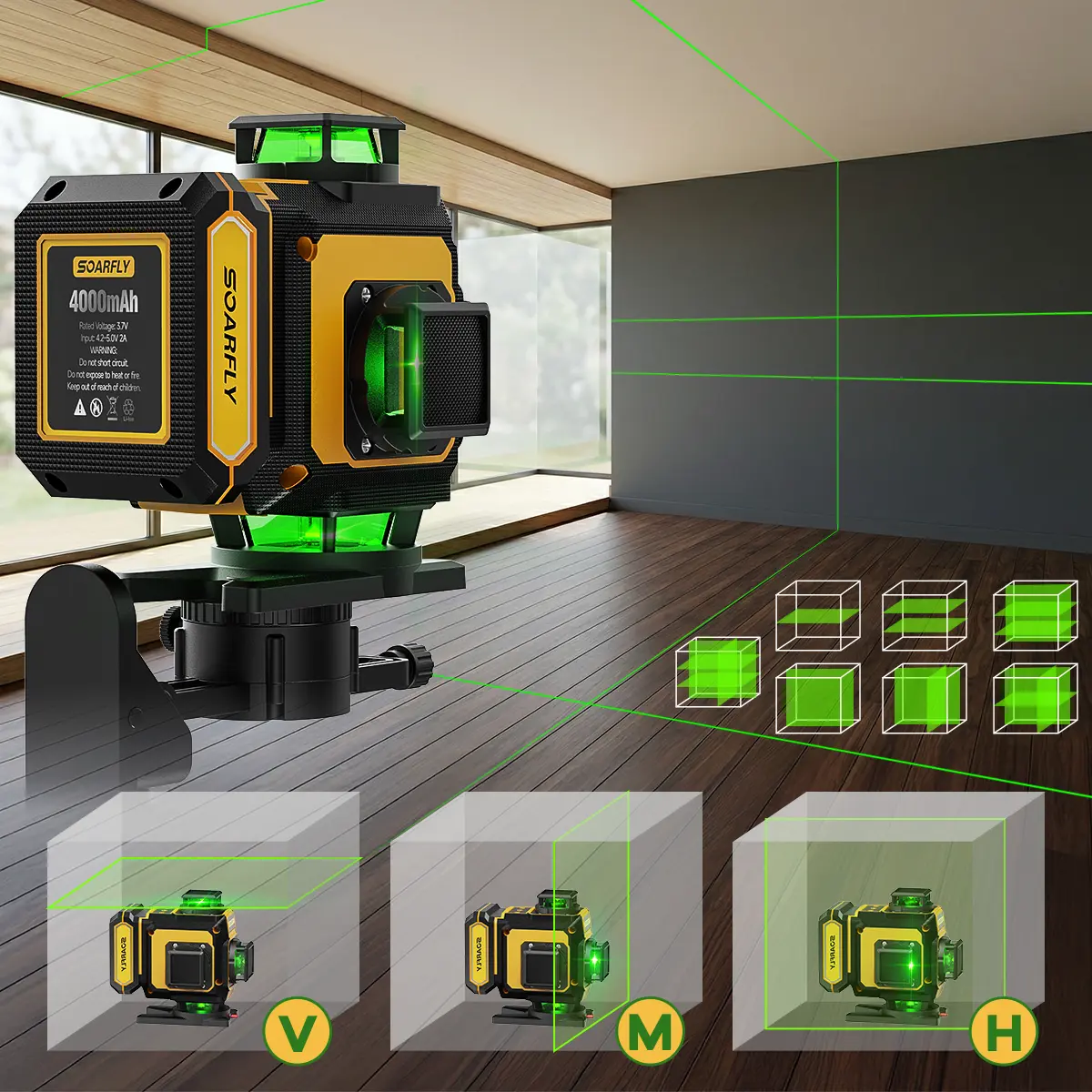 Nivel láser SOARFLY X16 con trípode, láser autonivelante de 4 x 360°, láser verde 4D de 16 líneas, herramienta de líneas cruzadas con 2 baterías para azulejos, colgar cuadros y reformas del hogar.