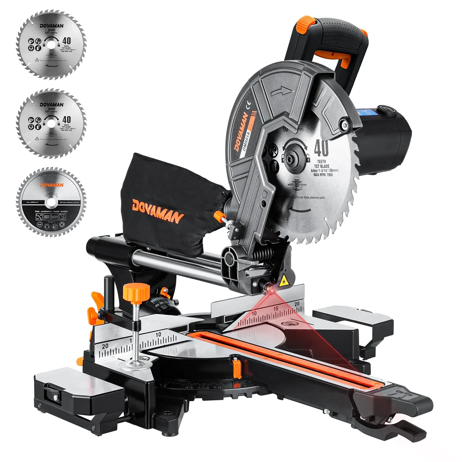 Sierra ingletadora deslizante de bisel simple DOVAMAN de 10 pulgadas y 15 A, con 3 hojas, 4500/3200 RPM, corte máximo de 3,5 x 13,4 pulgadas, 9 topes de posición para madera, PVC o metal blando.