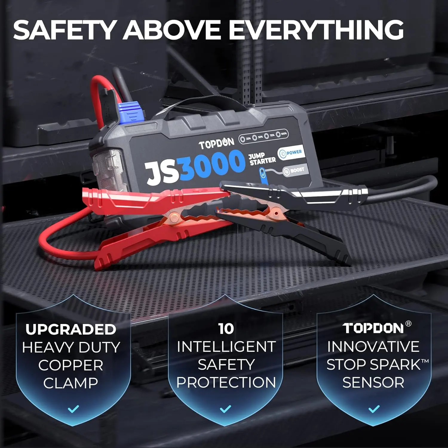 TOPDON JS3000 — Arrancador de baterías portátil de 12V y 3000A (Jump Starter) para automóviles, apto para motores de gasolina de hasta 9L y diésel de hasta 7L; kit de herramientas automotrices con batería de 24000 mAh.