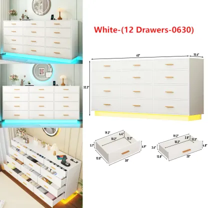 Cómoda con luz LED y estación de carga, cómoda moderna para armario, amplio mueble organizador de cajones para dormitorio, sala de estar, recibidor y pasillo.
