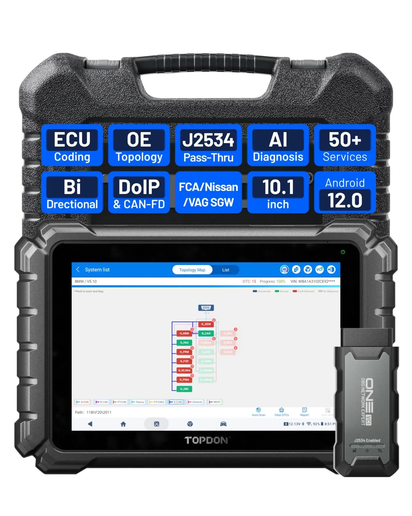 TOPDON ONE — Herramienta de diagnóstico automotriz bidireccional de 10.1" (Escáner OBD2), J2534 Pass-Thru, Codificación de ECU y más de 50 servicios, Escaneo completo de sistemas con TopFix AI y Mapeo de topología OE.