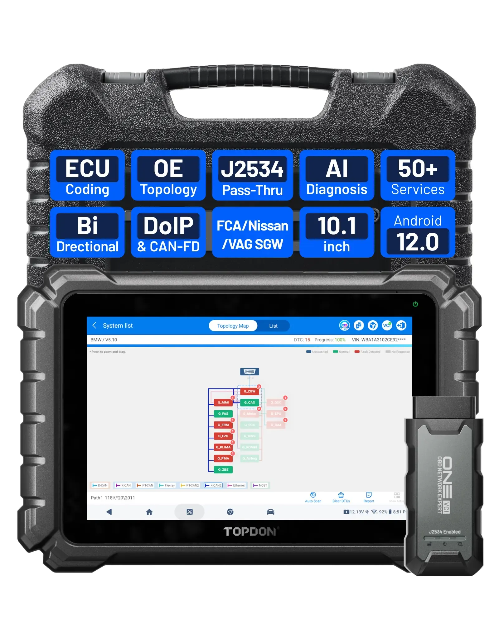 TOPDON ONE — Herramienta de diagnóstico automotriz bidireccional de 10.1" (Escáner OBD2), J2534 Pass-Thru, Codificación de ECU y más de 50 servicios, Escaneo completo de sistemas con TopFix AI y Mapeo de topología OE.