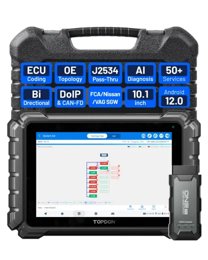 TOPDON ONE — Herramienta de diagnóstico automotriz bidireccional de 10.1" (Escáner OBD2), J2534 Pass-Thru, Codificación de ECU y más de 50 servicios, Escaneo completo de sistemas con TopFix AI y Mapeo de topología OE.