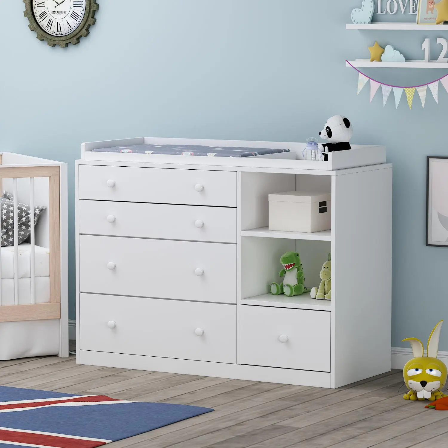 Cómoda cambiador Deborah en blanco antiguo con estantes a la vista, 5 cajones a la vista y espacio para cambiador, fabricada en madera de ingeniería de alta calidad.