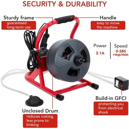 Máquina desatascadora eléctrica GARVEE de 15,2 m x 8 mm - Desatascador de tuberías, mango ergonómico, motor de 2,1 A, 0-380 rpm, uso intensivo para tuberías de 19 mm a 76 mm, uso exterior, limpieza de tuberías.