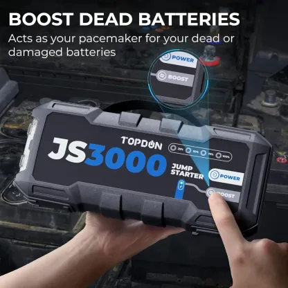 TOPDON JS3000 — Arrancador de baterías portátil de 12V y 3000A (Jump Starter) para automóviles, apto para motores de gasolina de hasta 9L y diésel de hasta 7L; kit de herramientas automotrices con batería de 24000 mAh.