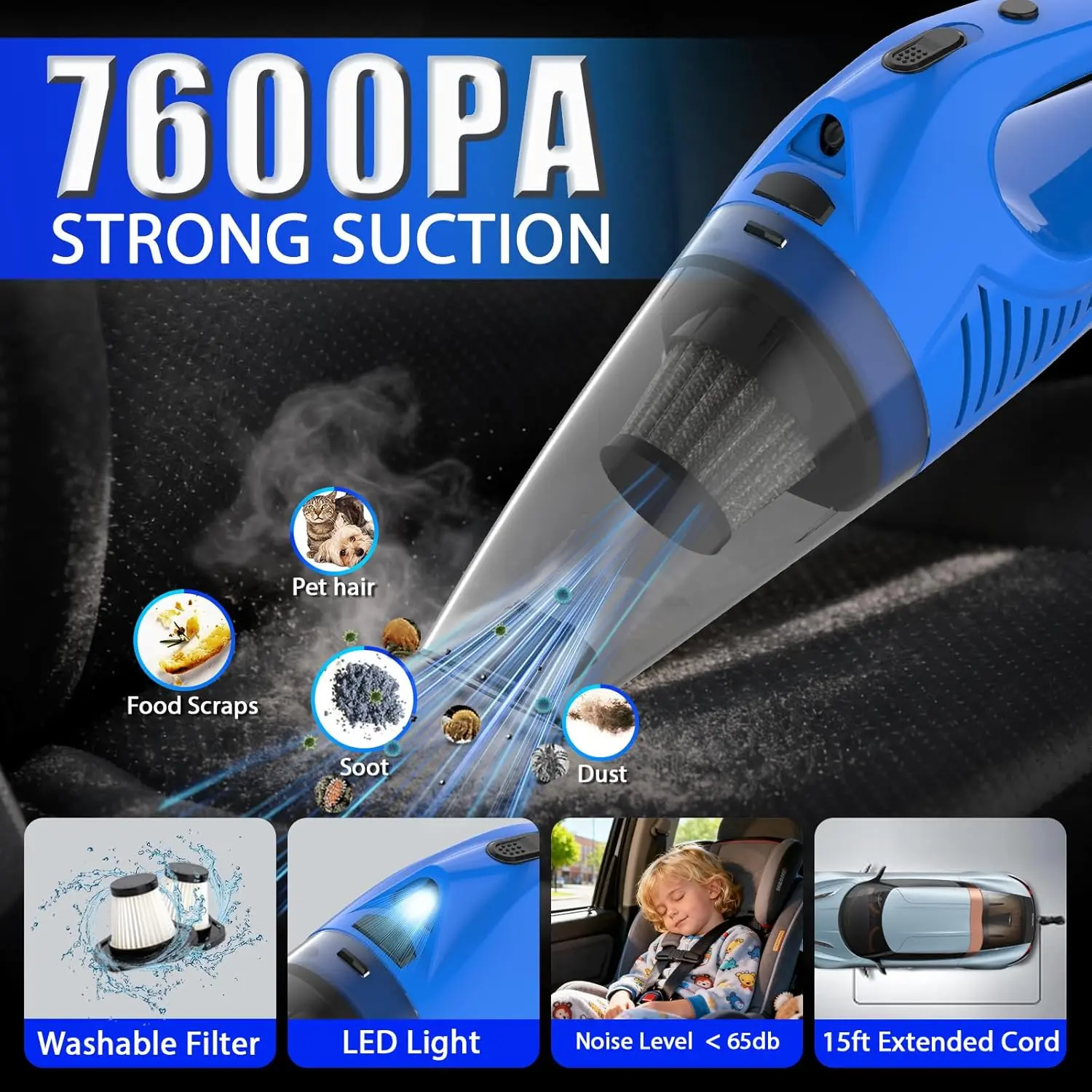 Kit de limpieza y detallado de coches THINKWORK, kit de limpieza de coches con aspiradora de mano azul de alta potencia, juegos de cepillos, limpiaparabrisas, accesorios para coches, set de regalo para coches