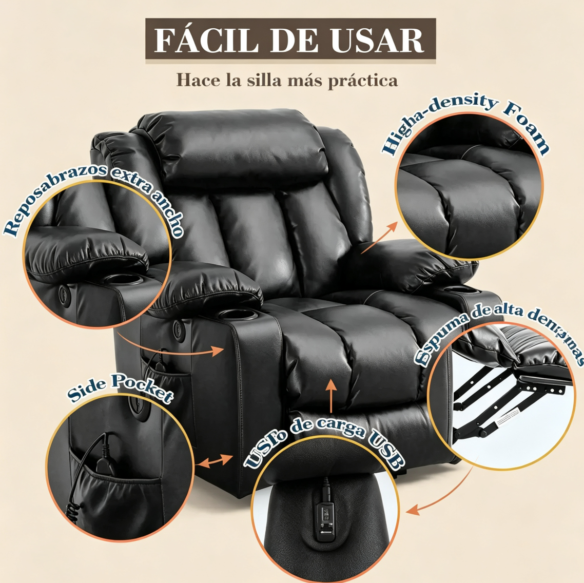 ✨Sillón reclinable elevador de lujo con función de calor y masaje