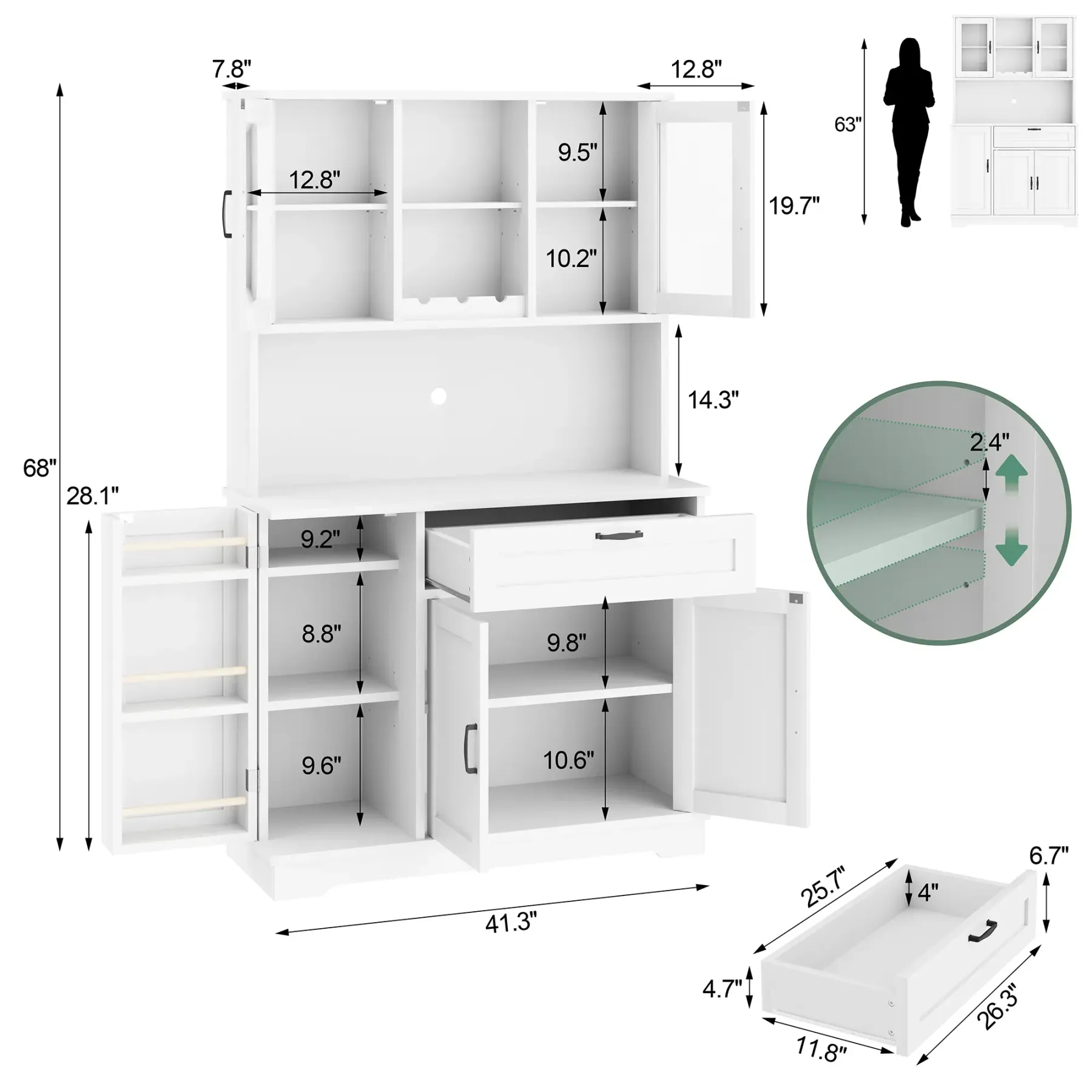 Armario de cocina Walsunny ajustable, aparador independiente con soporte para microondas, 4 puertas con estantes, estantes ajustables y botellero, color blanco.