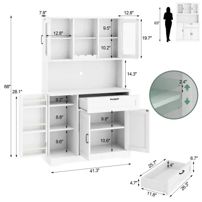 Armario de cocina Walsunny ajustable, aparador independiente con soporte para microondas, 4 puertas con estantes, estantes ajustables y botellero, color blanco.