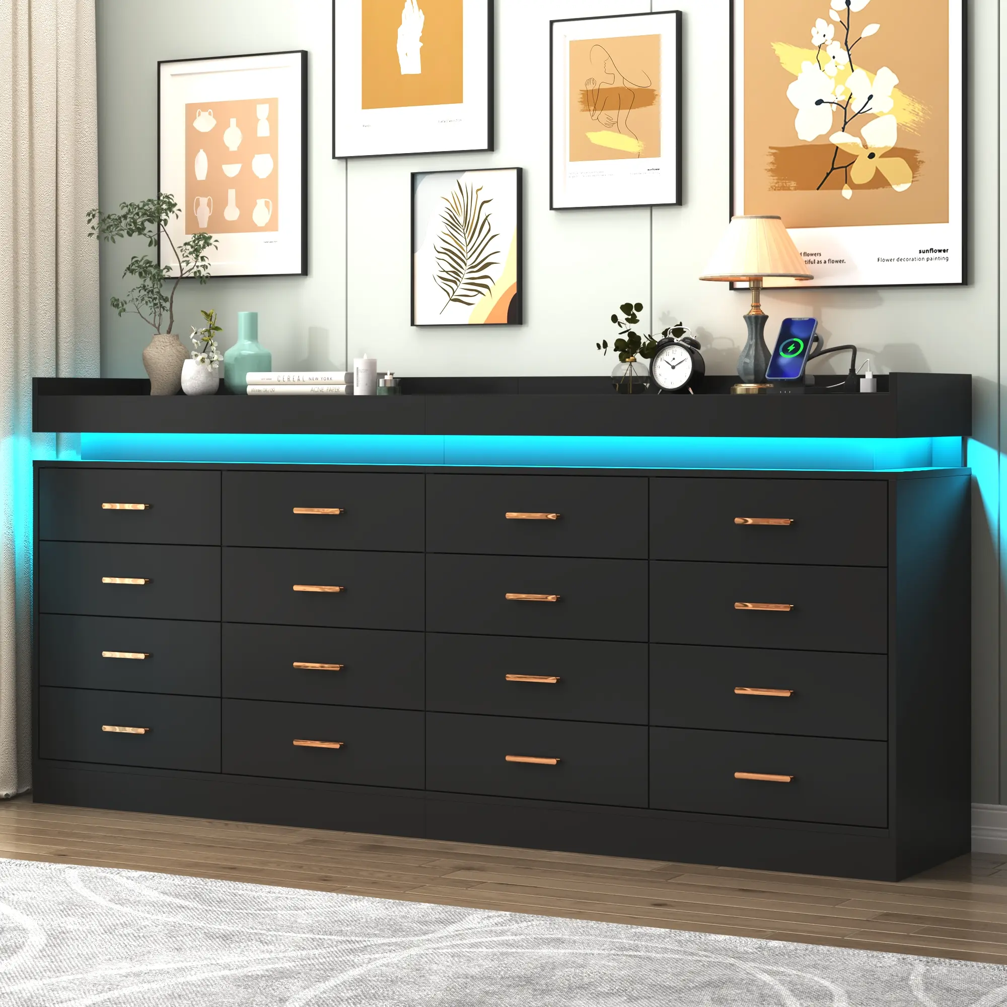 Cómoda con luz LED y estación de carga, cómoda moderna para armario, amplio mueble organizador de cajones para dormitorio, sala de estar, recibidor y pasillo.