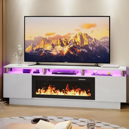 PUKAMI 70 Inches Fireplace TV Stand for TVs up to 80 Inches Console with 36'' Electric Fireplace & Remote, Wooden Modern Entertainment Center for Living Room, Tv Shelf, Room Decor,dorm essentials,home decor