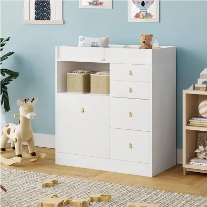 Cómoda cambiador Deborah en blanco antiguo con estantes a la vista, 5 cajones a la vista y espacio para cambiador, fabricada en madera de ingeniería de alta calidad.