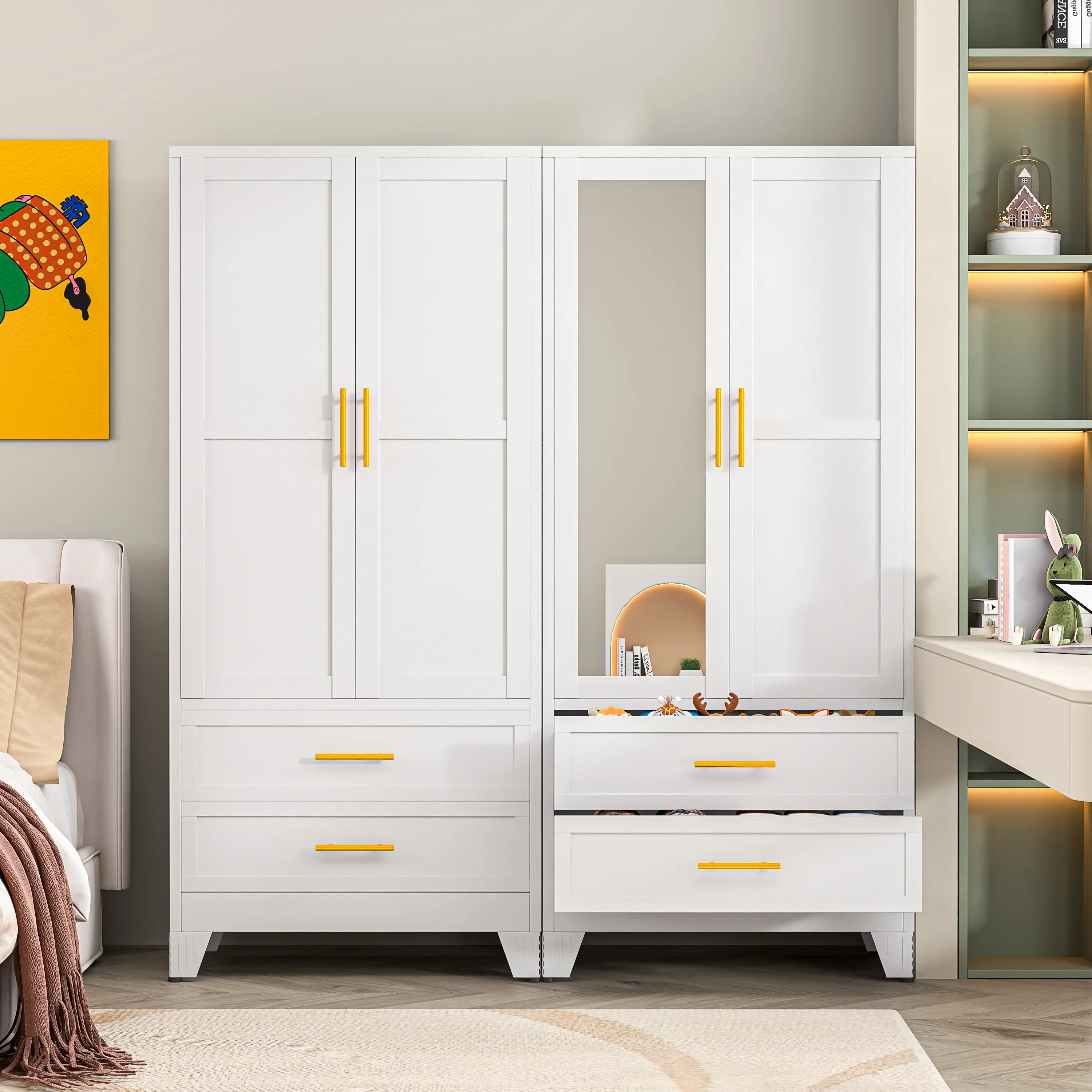 Armario metálico de 180 cm de altura para dormitorio con espejo, 2 cajones, estantes ajustables y barra para colgar ropa. Armario de acero para ropa y almacenamiento para dormitorio.