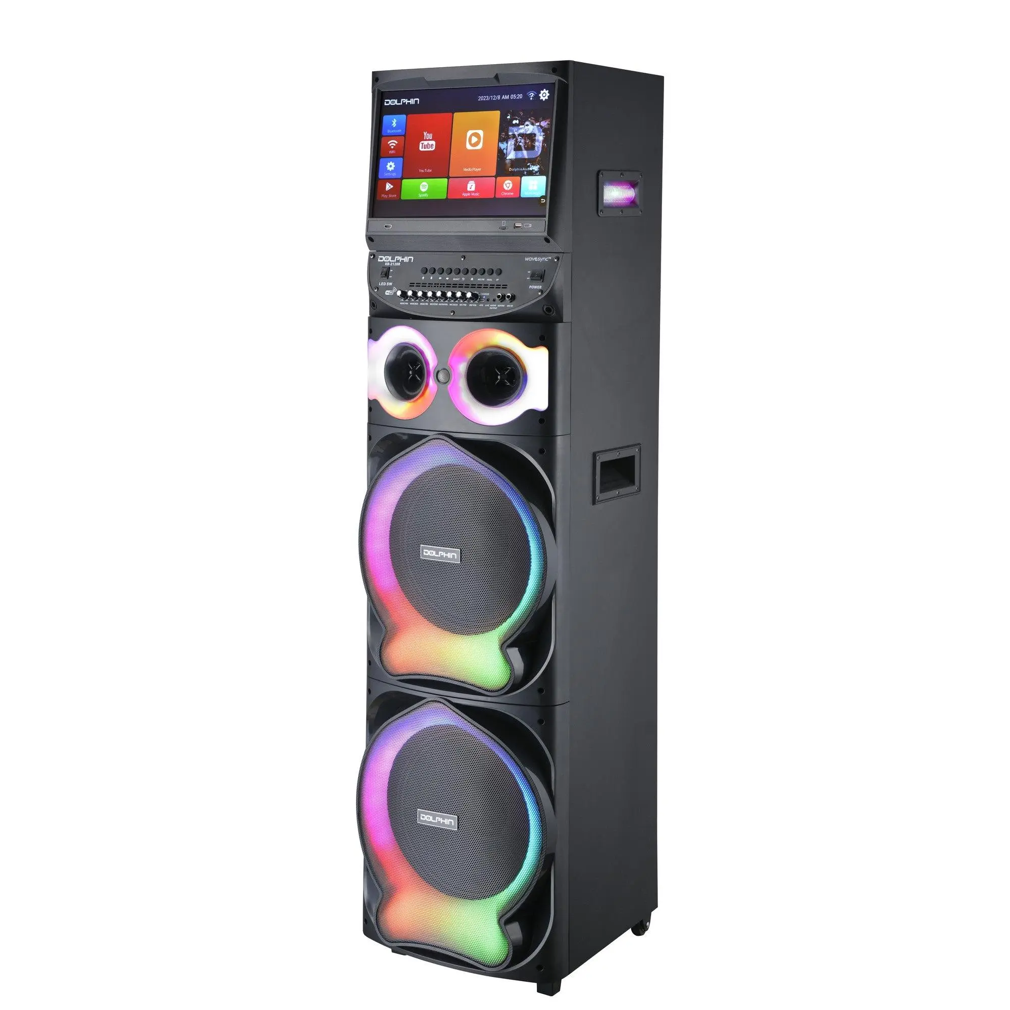 Altavoz para fiestas Karaokebox 2120 con doble woofer de 12", tableta Android de 15,4", aplicaciones vía WiFi y 2 micrófonos inalámbricos; altavoz inteligente portátil con asa.