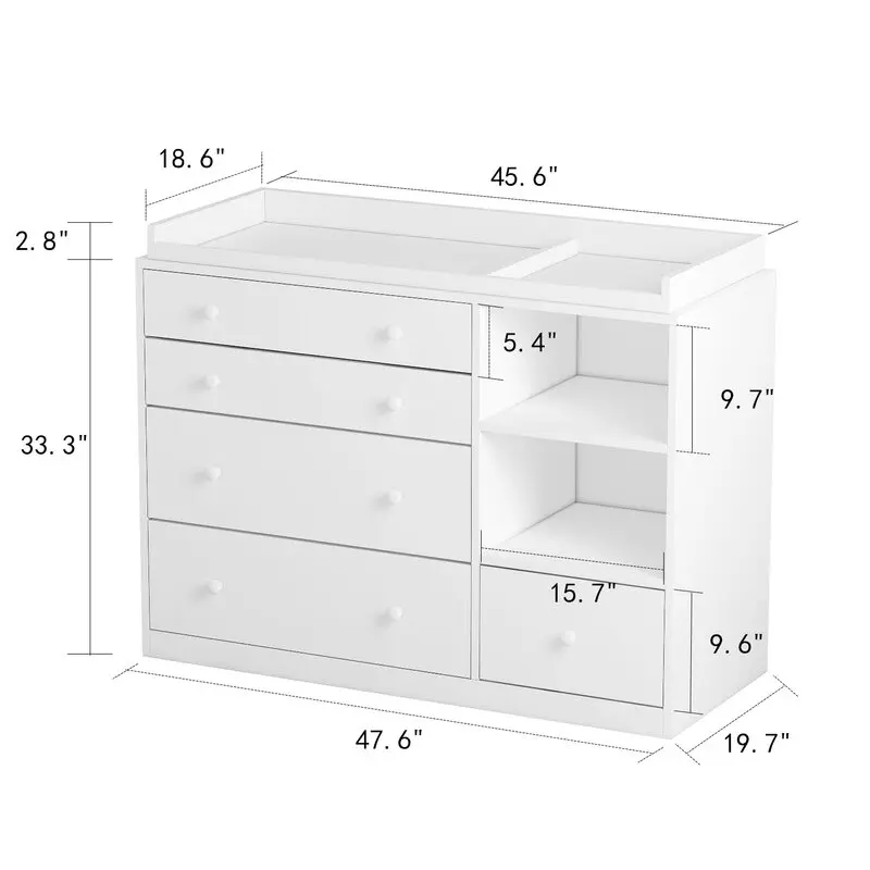 Cómoda cambiador Deborah en blanco antiguo con estantes a la vista, 5 cajones a la vista y espacio para cambiador, fabricada en madera de ingeniería de alta calidad.