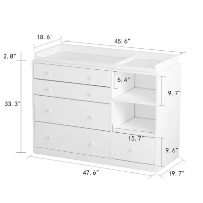 Cómoda cambiador Deborah en blanco antiguo con estantes a la vista, 5 cajones a la vista y espacio para cambiador, fabricada en madera de ingeniería de alta calidad.