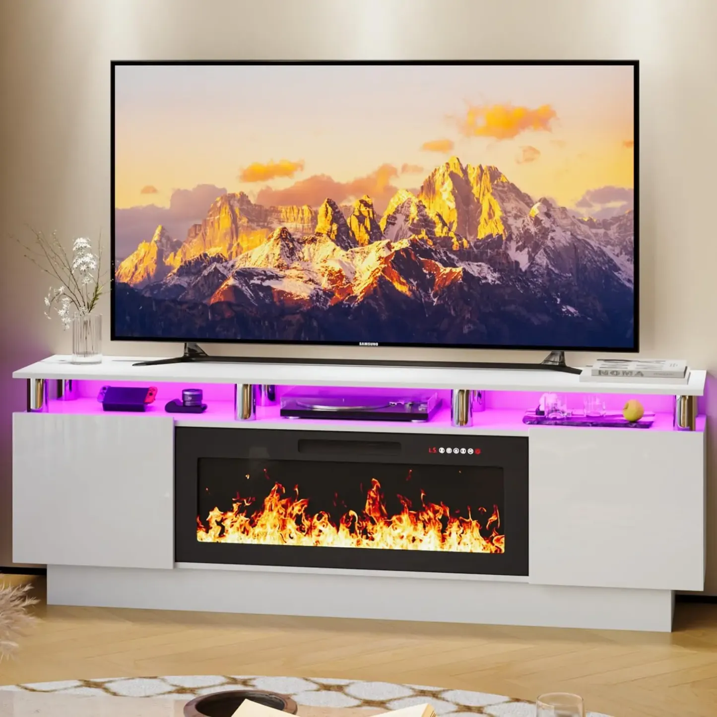 PUKAMI 70 Inches Fireplace TV Stand for TVs up to 80 Inches Console with 36'' Electric Fireplace & Remote, Wooden Modern Entertainment Center for Living Room, Tv Shelf, Room Decor,dorm essentials,home decor