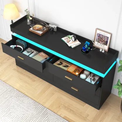 Cómoda con luz LED y estación de carga, cómoda moderna para armario, amplio mueble organizador de cajones para dormitorio, sala de estar, recibidor y pasillo.