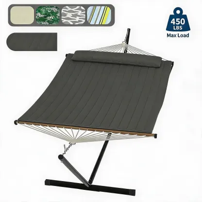 Hamaca doble con soporte incluido - Hamaca resistente de 215 kg para 2 personas con almohadilla y almohada de tela acolchada - Barra separadora de madera dura y soporte de acero portátil de 3,6 m para jardín, patio e interiores