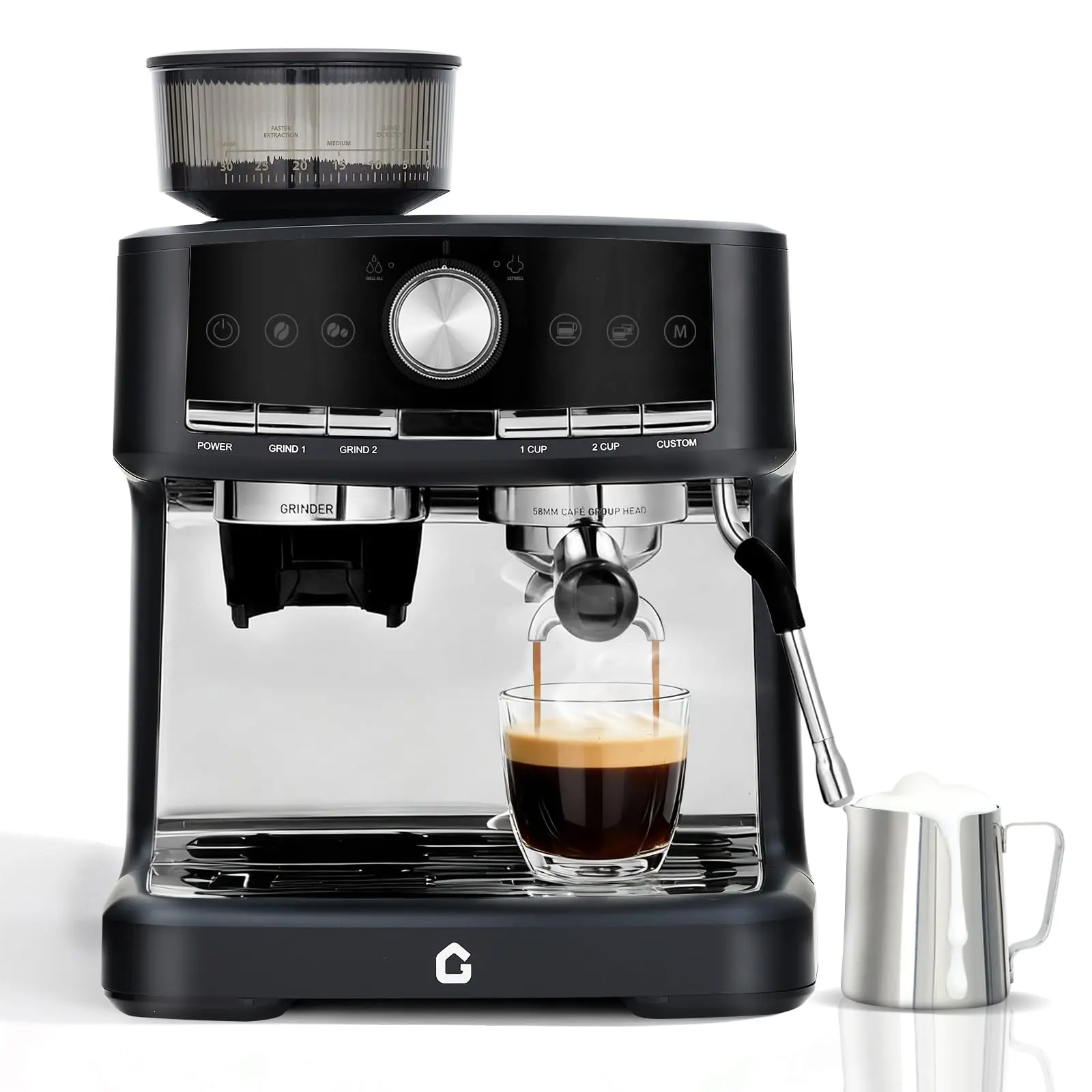 Cafetera espresso GARVEE de 20 bares de presión con molinillo, depósito de agua extraíble de 1,5 litros, espumador de leche y varilla de vapor para latte/capuchino (NEGRA, 20 bares, con molinillo)