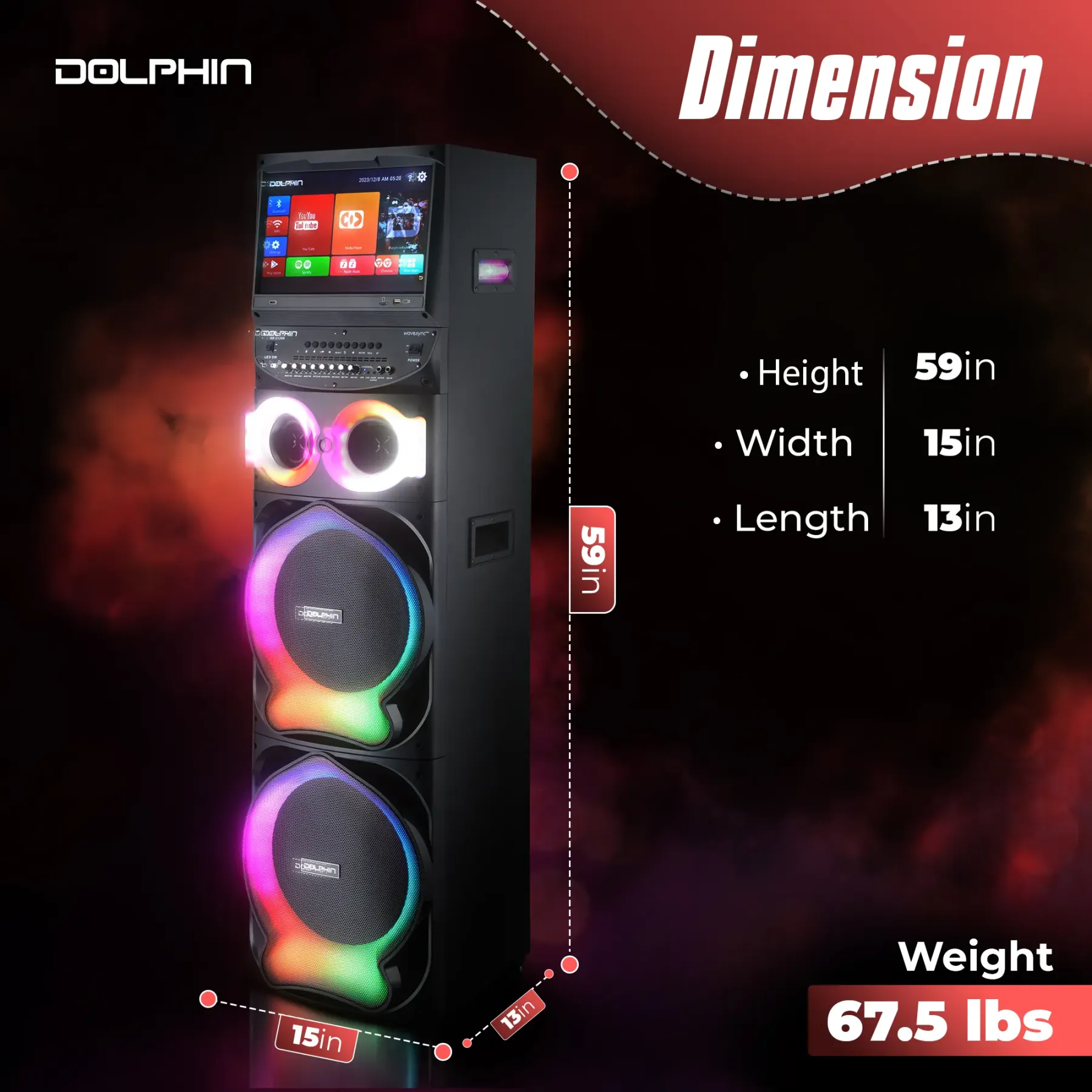 Altavoz para fiestas Karaokebox 2120 con doble woofer de 12", tableta Android de 15,4", aplicaciones vía WiFi y 2 micrófonos inalámbricos; altavoz inteligente portátil con asa.