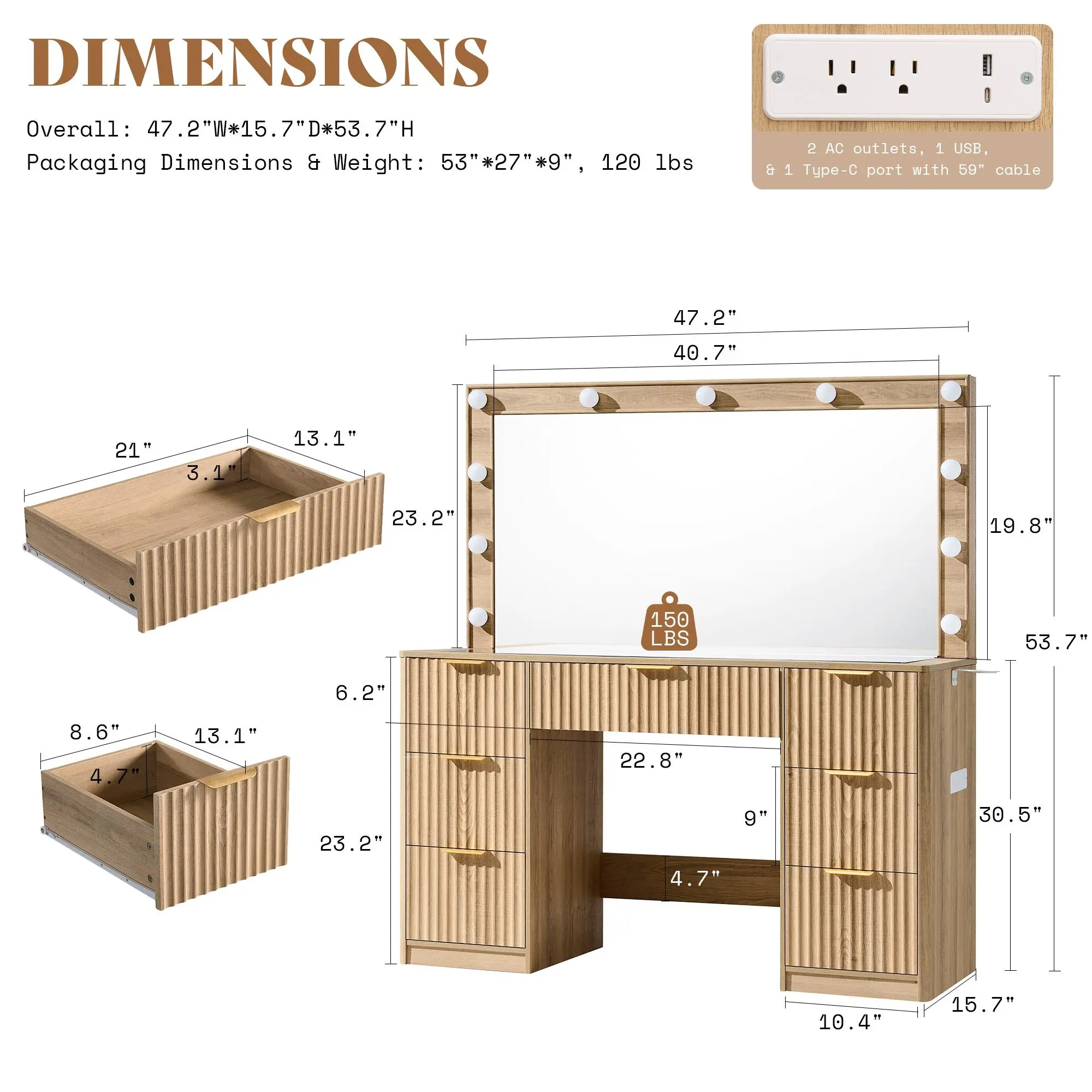 Tocador empotrado AMERLIFE de 36,2/47,2 pulgadas con espejo y luz LED ajustable, 4/7 cajones grandes, encimera de cristal y estación de carga, perfecto para mujeres y niñas.