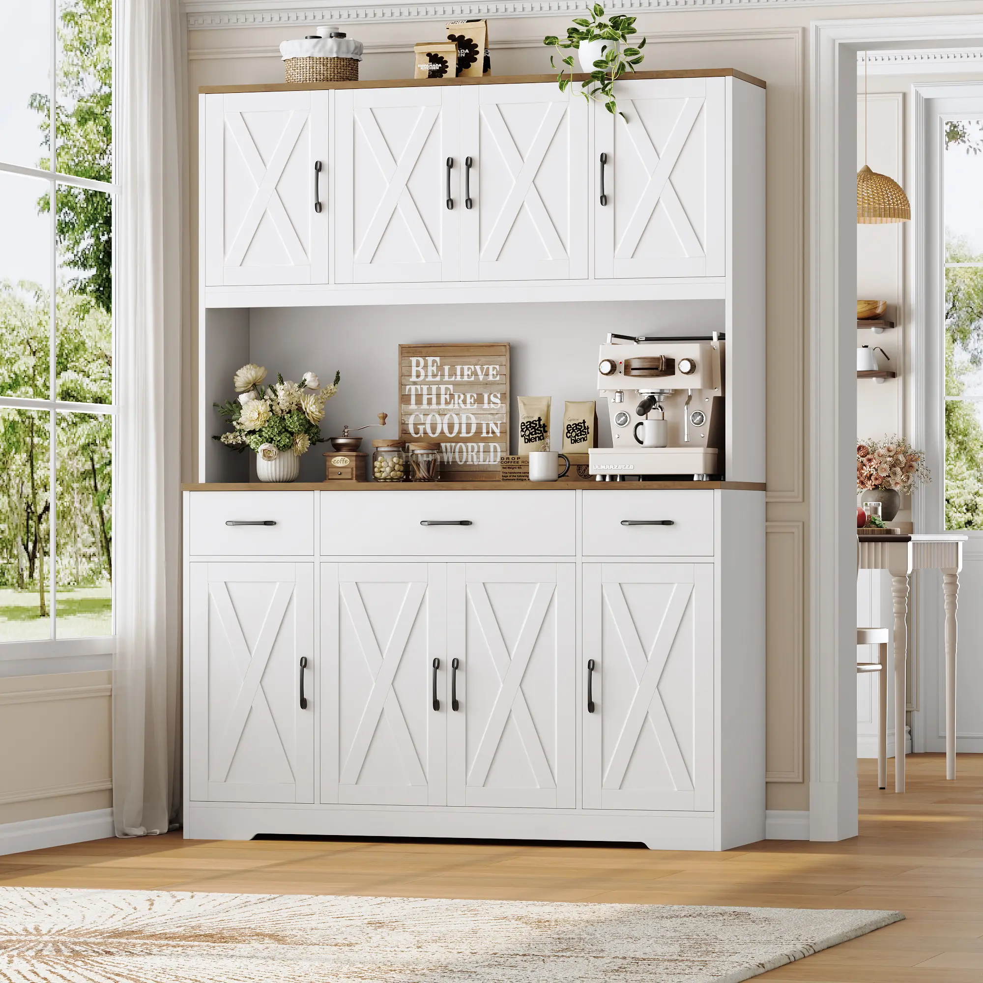 HOSTACK Armario de cocina despensa de 180 cm de altura con estación de carga, encimera grande, despensa de estilo rústico con 3 cajones de almacenamiento, color blanco. Muebles, artículos esenciales para dormitorios, decoración del hogar.