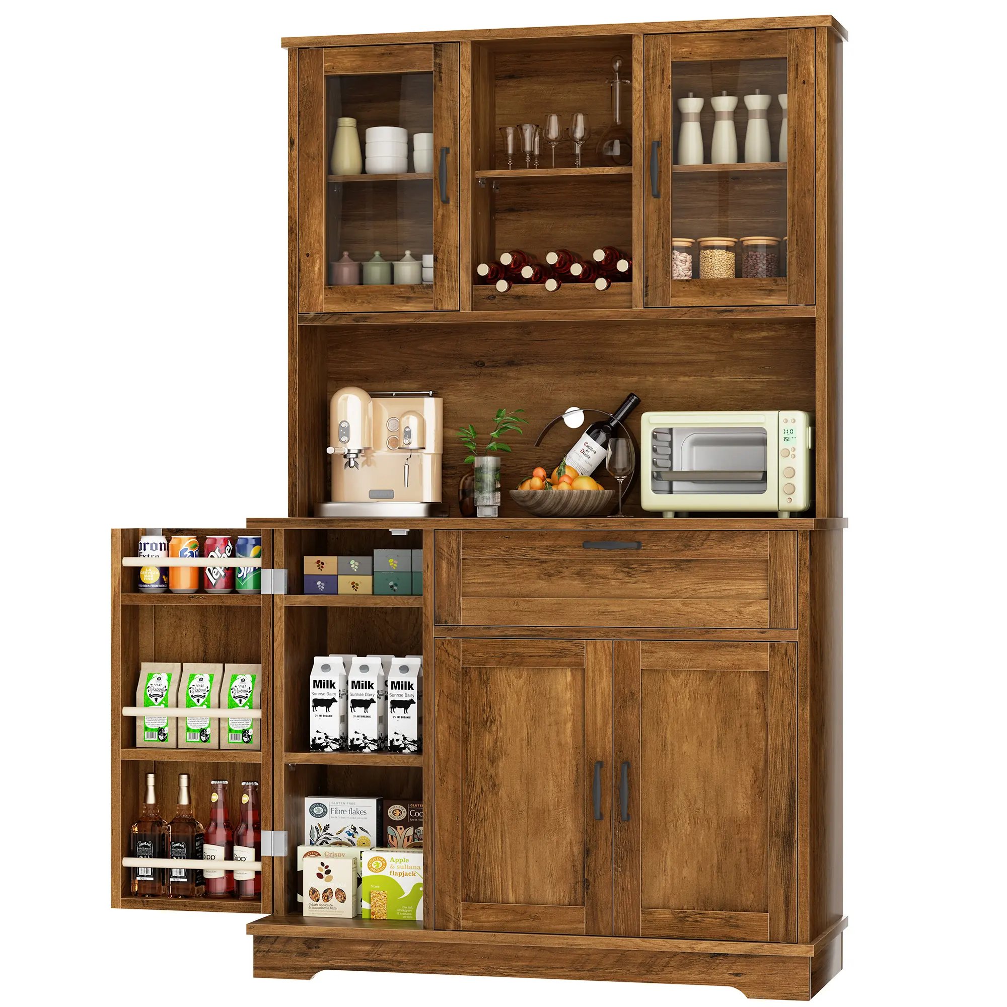 Armario de cocina Walsunny ajustable, aparador independiente con soporte para microondas, 4 puertas con estantes, estantes ajustables y botellero, color blanco.