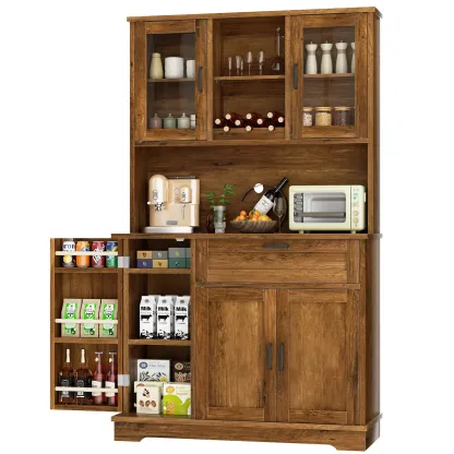 Armario de cocina Walsunny ajustable, aparador independiente con soporte para microondas, 4 puertas con estantes, estantes ajustables y botellero, color blanco.