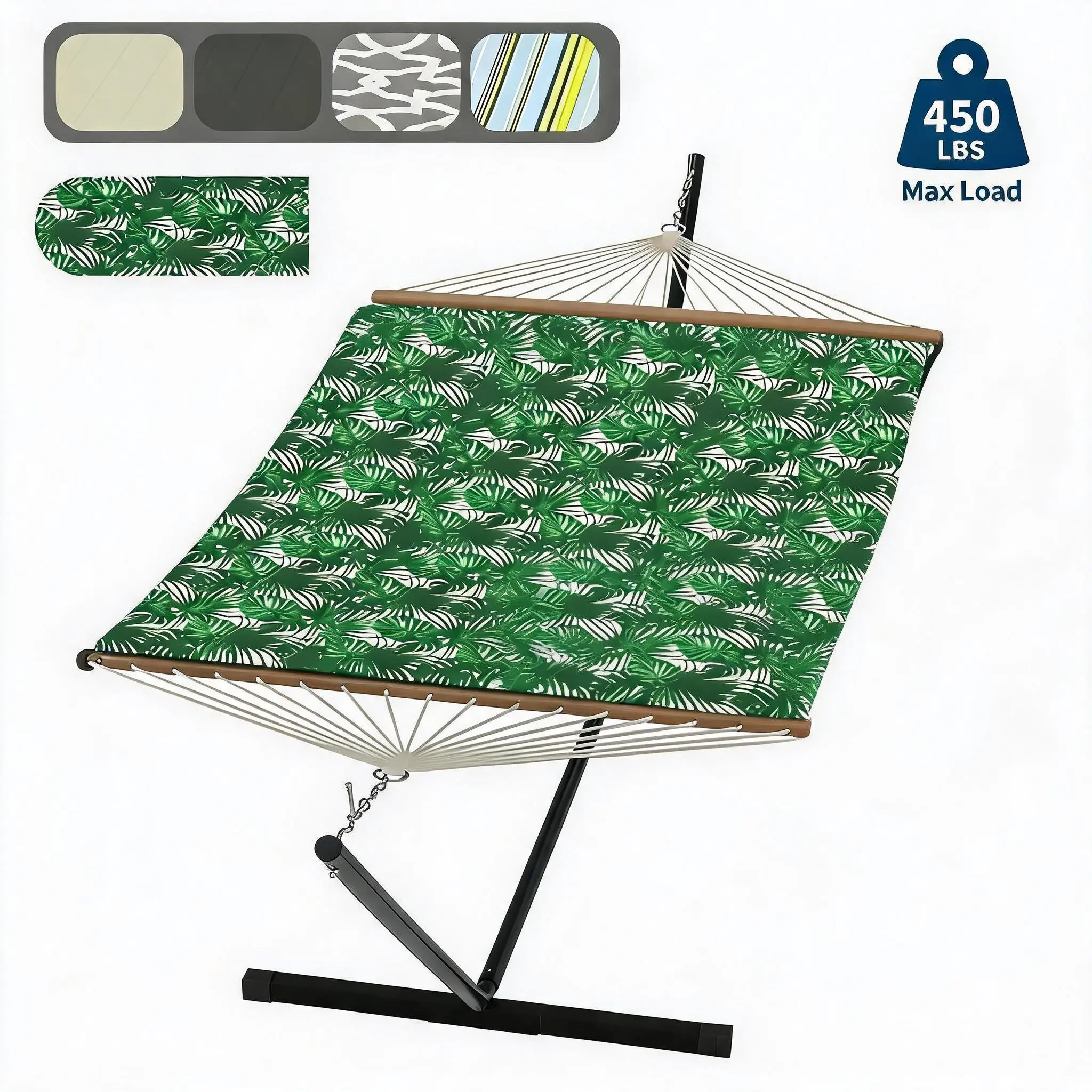 Hamaca doble con soporte incluido - Hamaca resistente de 215 kg para 2 personas con almohadilla y almohada de tela acolchada - Barra separadora de madera dura y soporte de acero portátil de 3,6 m para jardín, patio e interiores