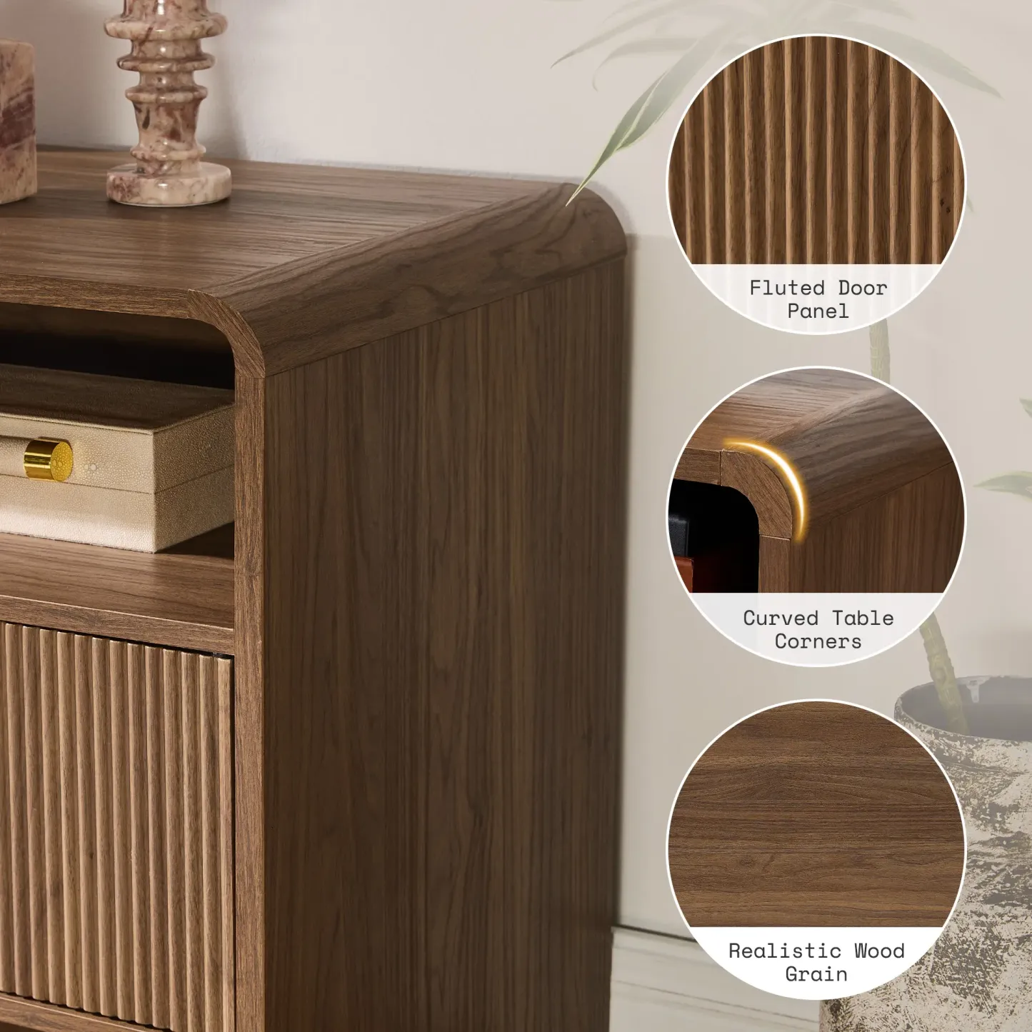 El mueble para TV moderno AMERLIFE de 70 pulgadas (compatible con televisores de hasta 80 pulgadas), fabricado en madera, presenta un diseño curvo e incluye dos armarios de almacenamiento, ideal como centro de entretenimiento multimedia para la sala de es